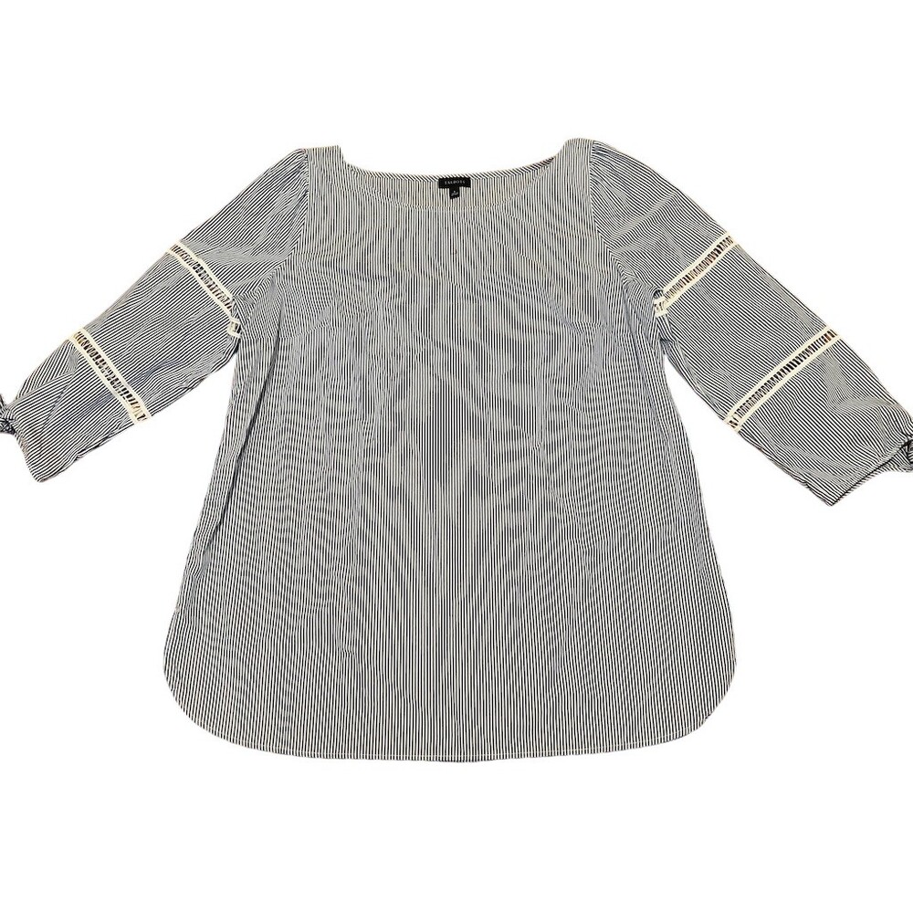 Talbots Blouse Womens Size L Blue White Pinstripe 3/4 Sleeve Square Neck